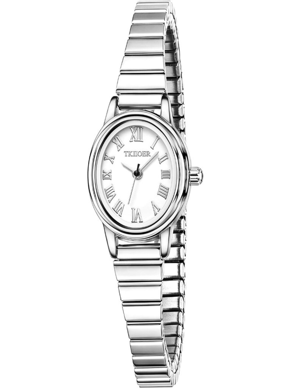 Women’s Full Silver Small Oval Dial Classic Ladies Stainless Steel Band Watch